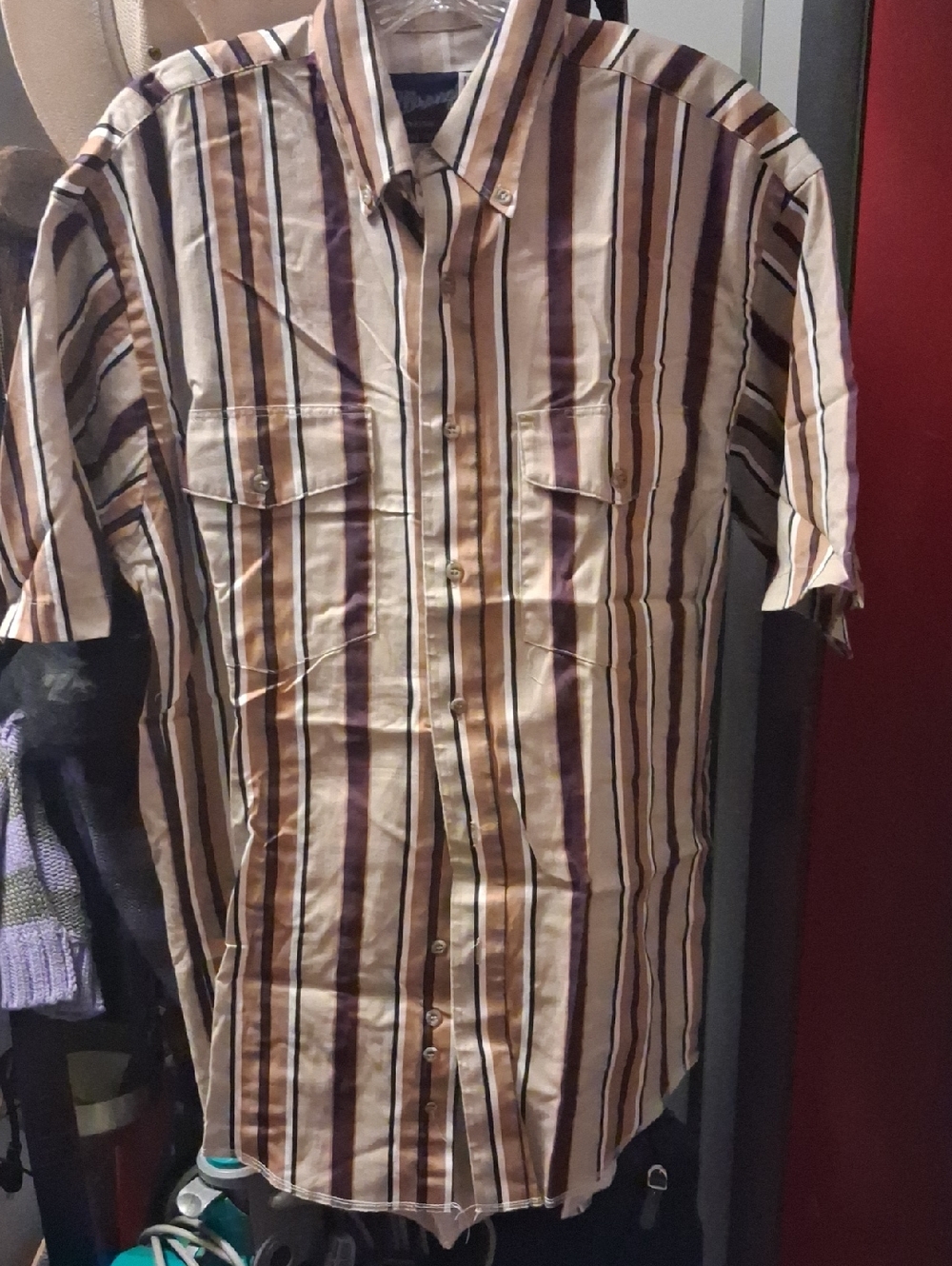 Vintage 90s Wrangler Short-Sleeve S Button-Down Shirt - Brown/Beige & Purple